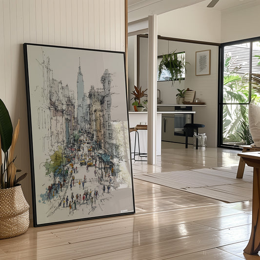 Metropolitan Pulse: Ink and Watercolor Cityscape