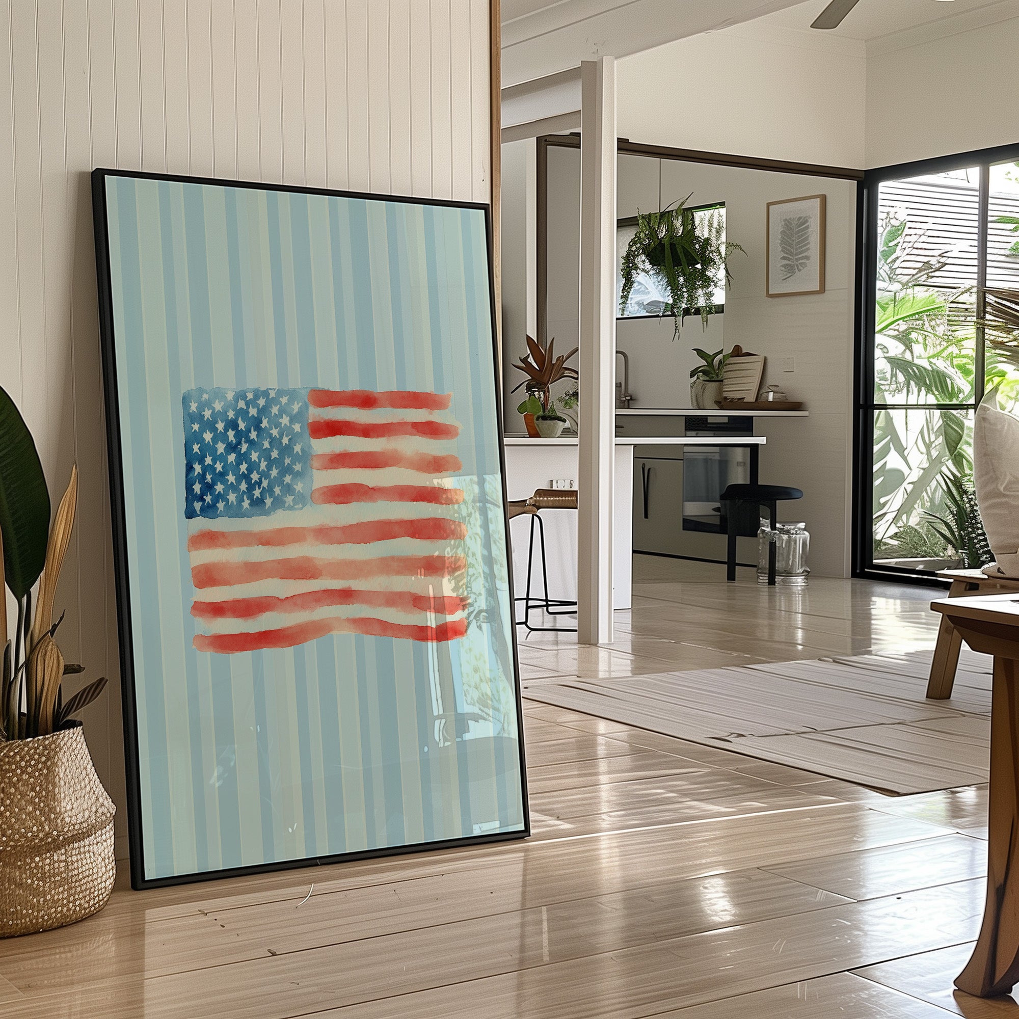 Watercolor Patriotism on Striped Blue