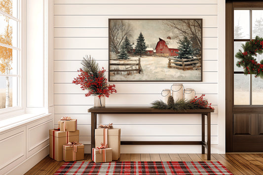 Crimson Barn in Winter's Embrace