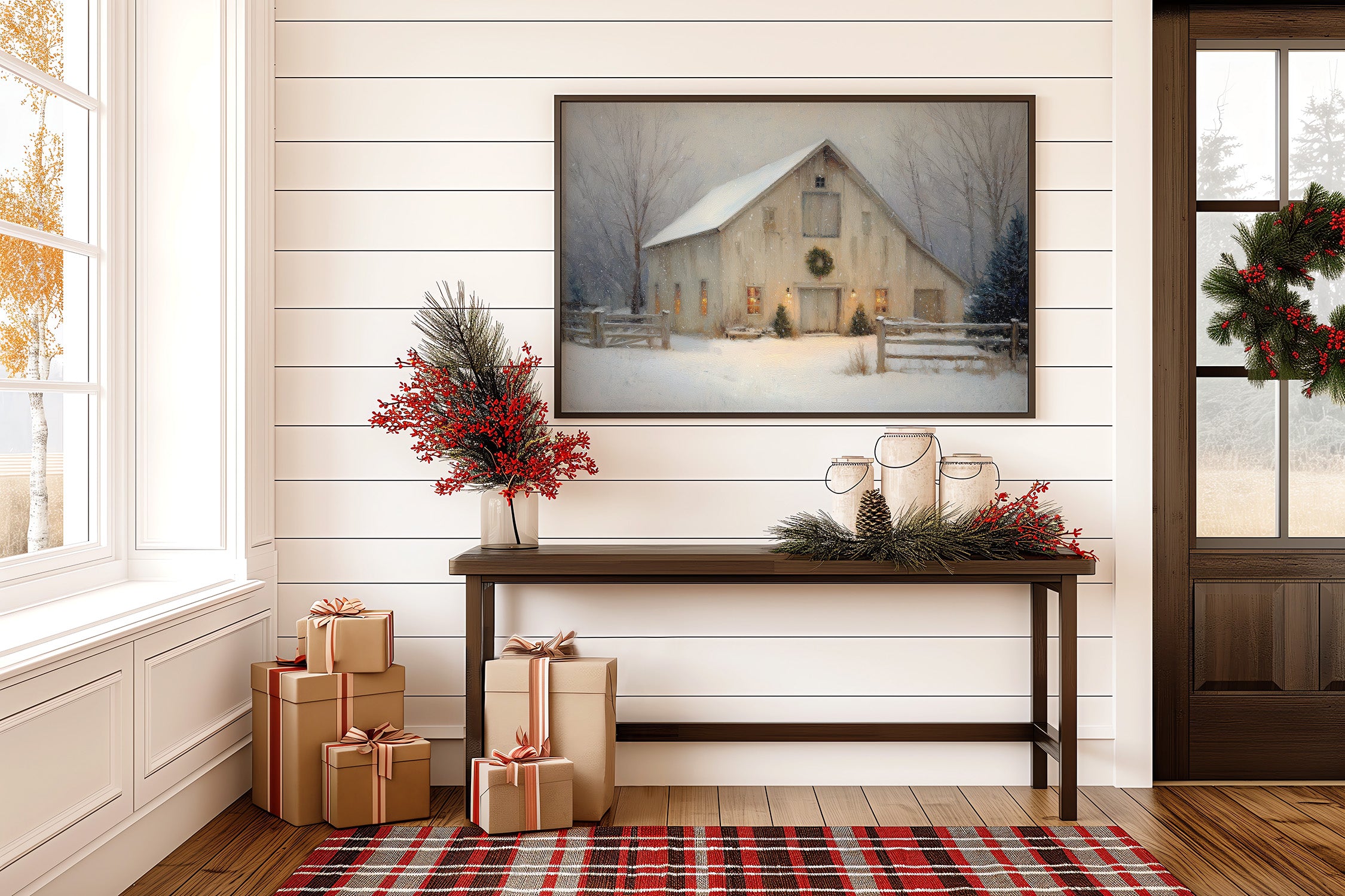 Snowfall Dreams Against Rustic Warmth
