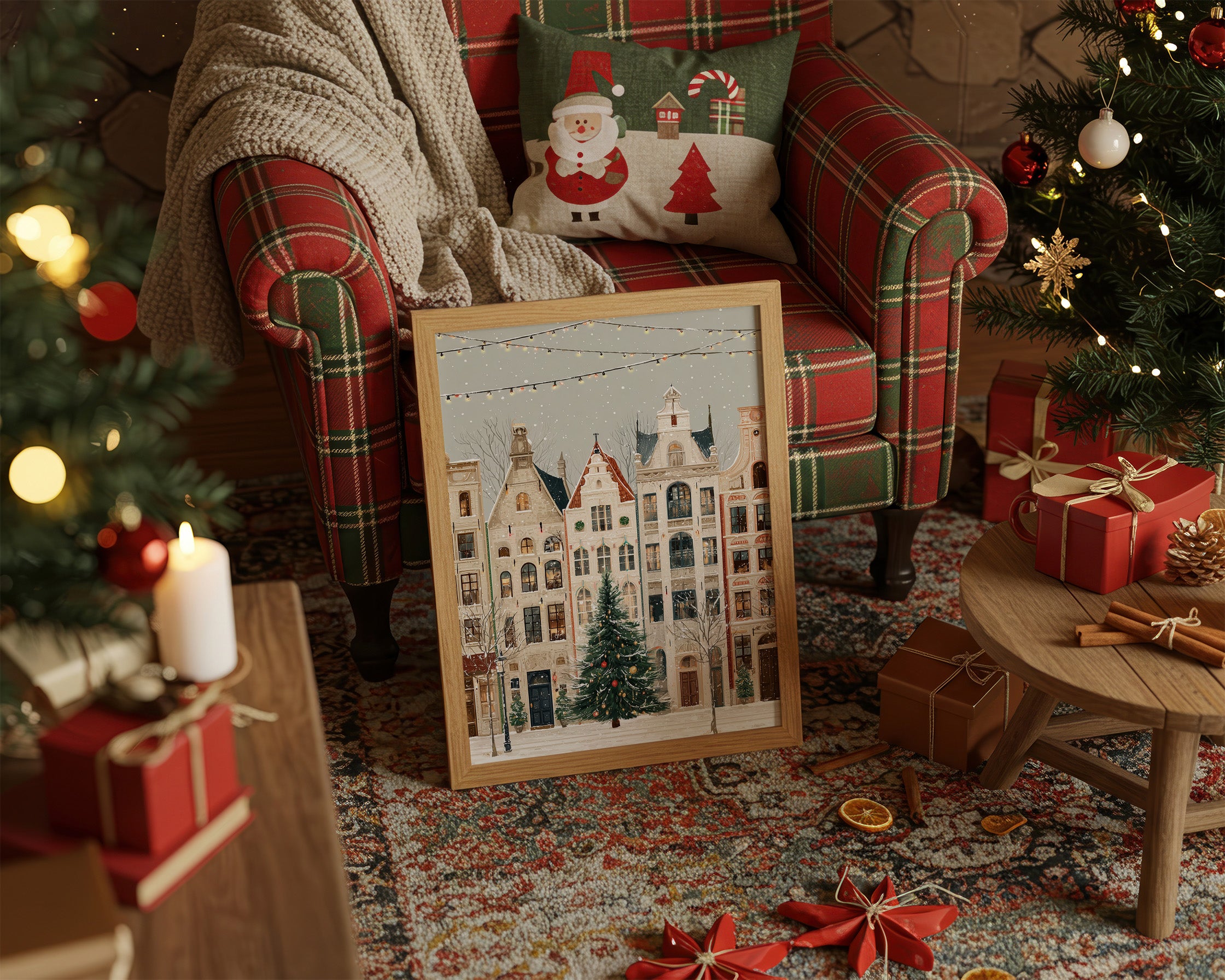 Festive Canal Houses Beneath Winter's Veil