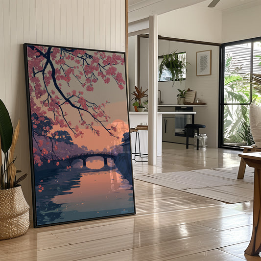 Cherry Blossoms Frame the Evening Bridge