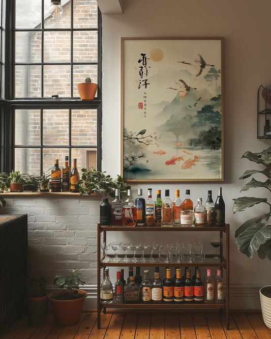 Cranes Dance Above Golden Koi