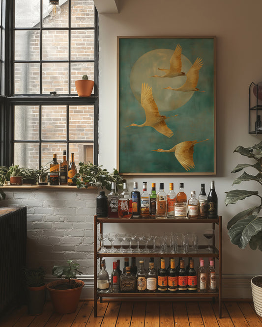 Golden Cranes Dance Through Mist