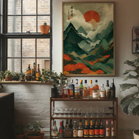 Red Sun Rises Over Misty Peaks