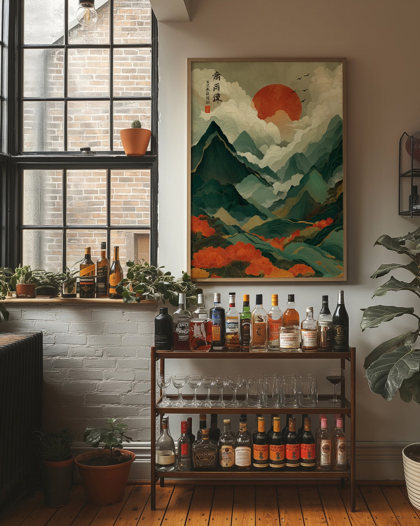 Red Sun Rises Over Misty Peaks