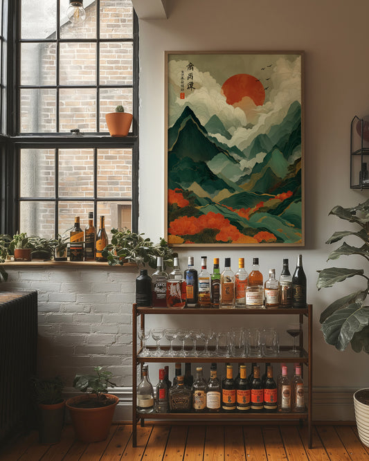 Red Sun Rises Over Misty Peaks