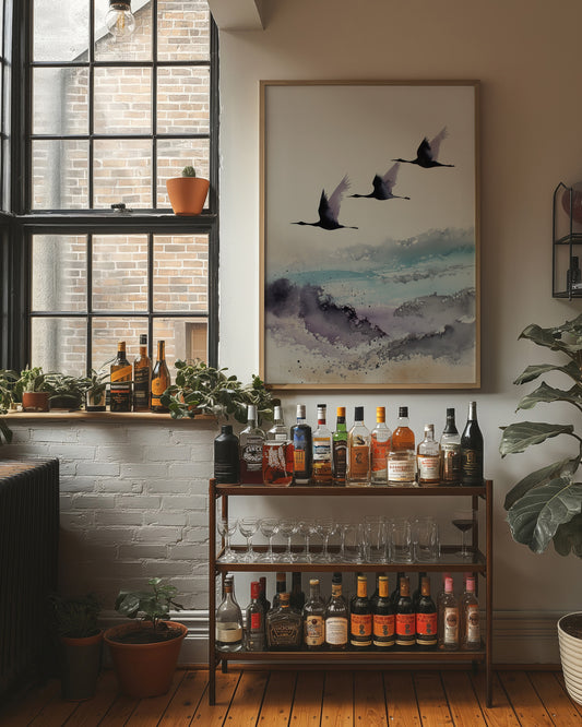 Three Cranes Cross Misty Waters