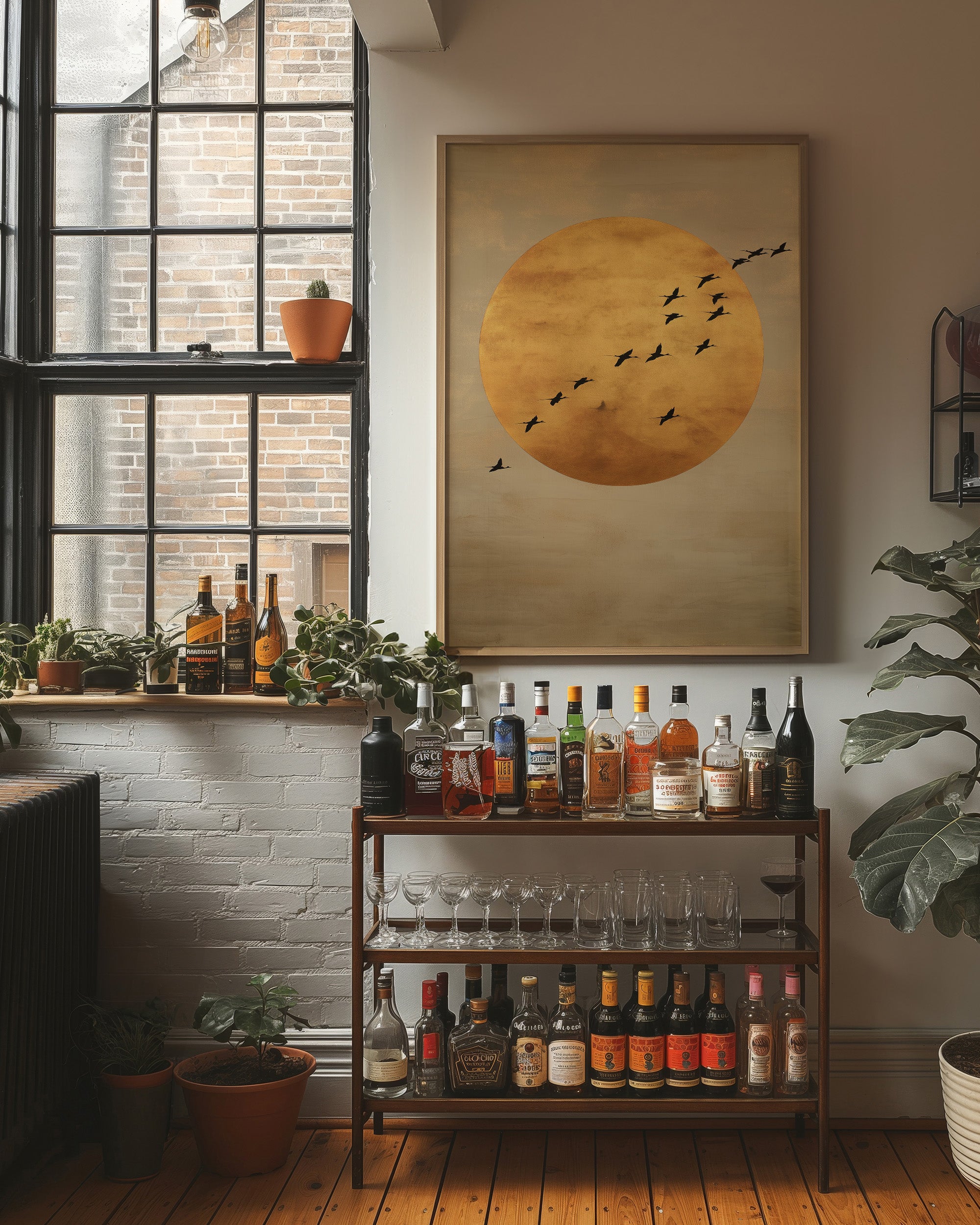 Birds Cross The Golden Moon Rise