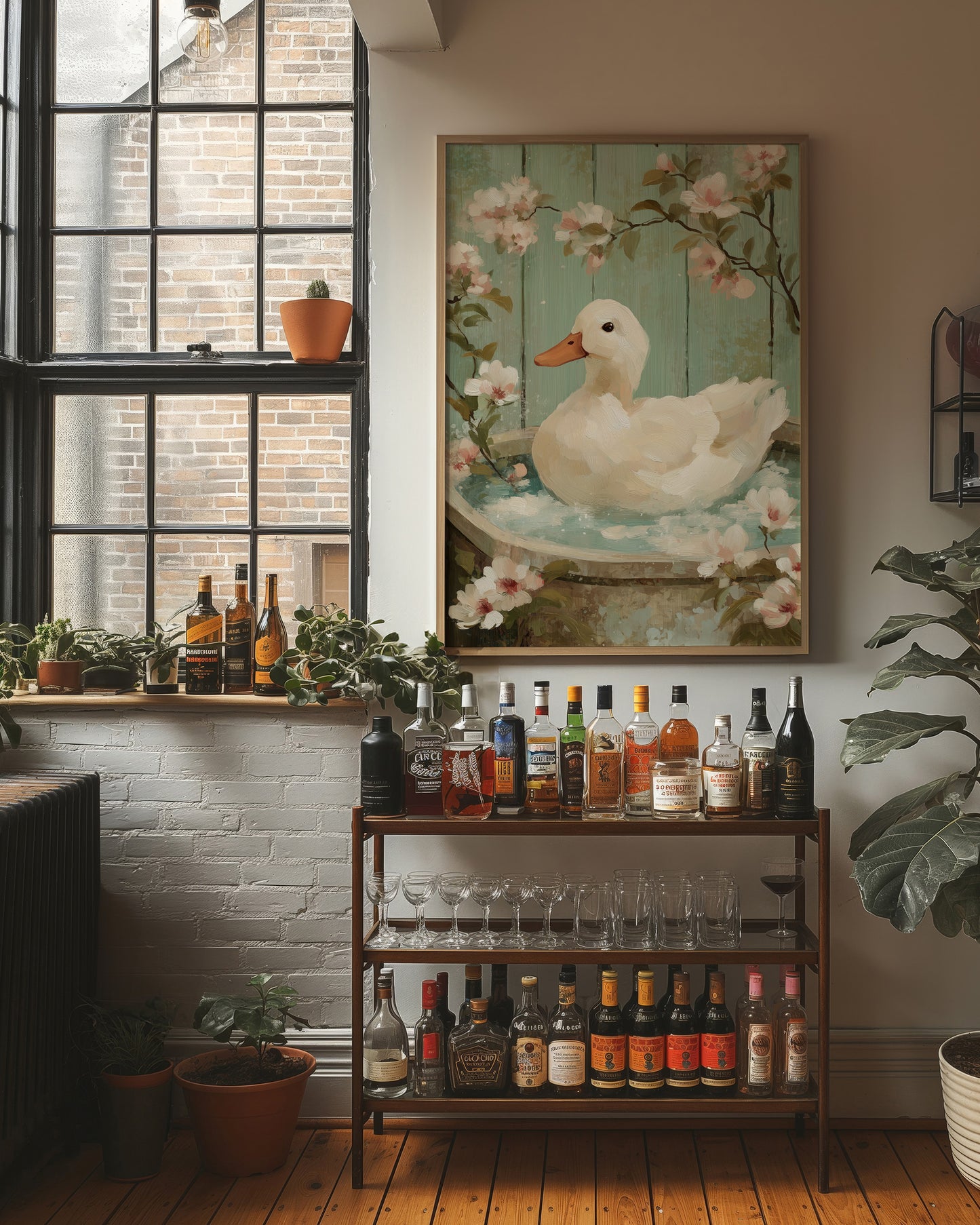 White Duck Among Spring Blossoms