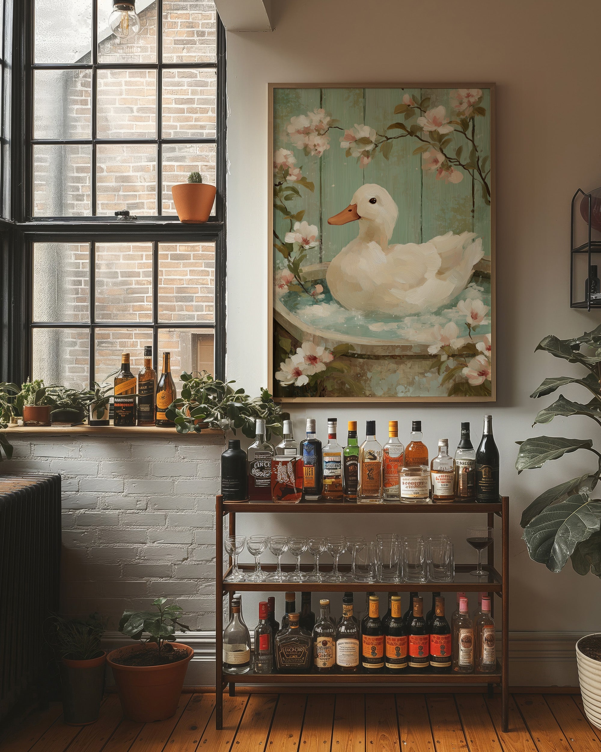 White Duck Among Spring Blossoms