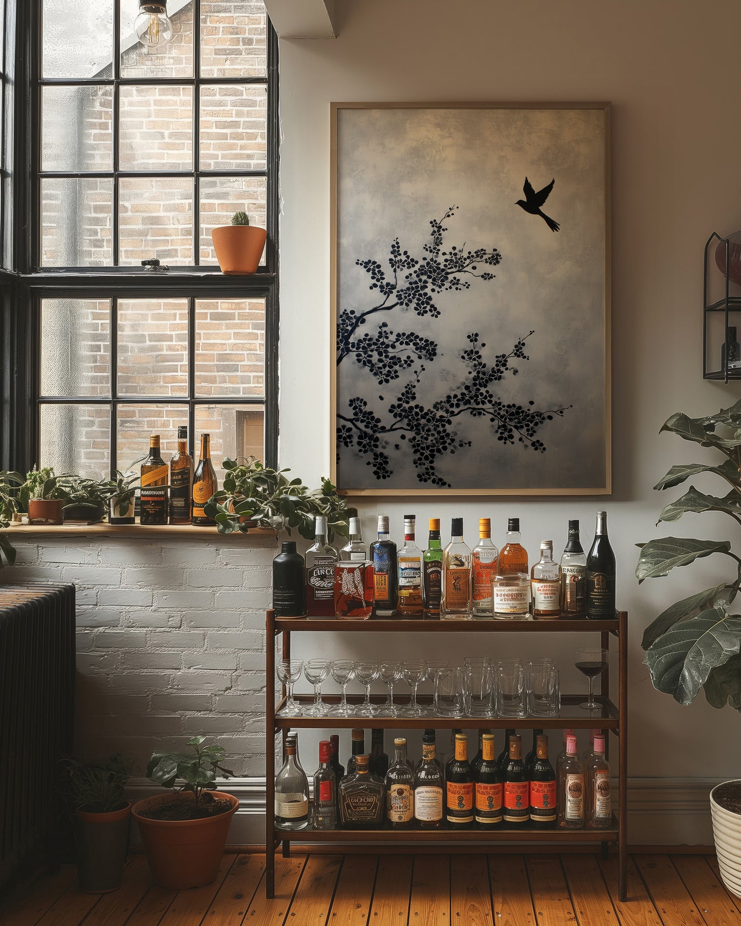 Bird Takes Flight Through Cherry Blooms