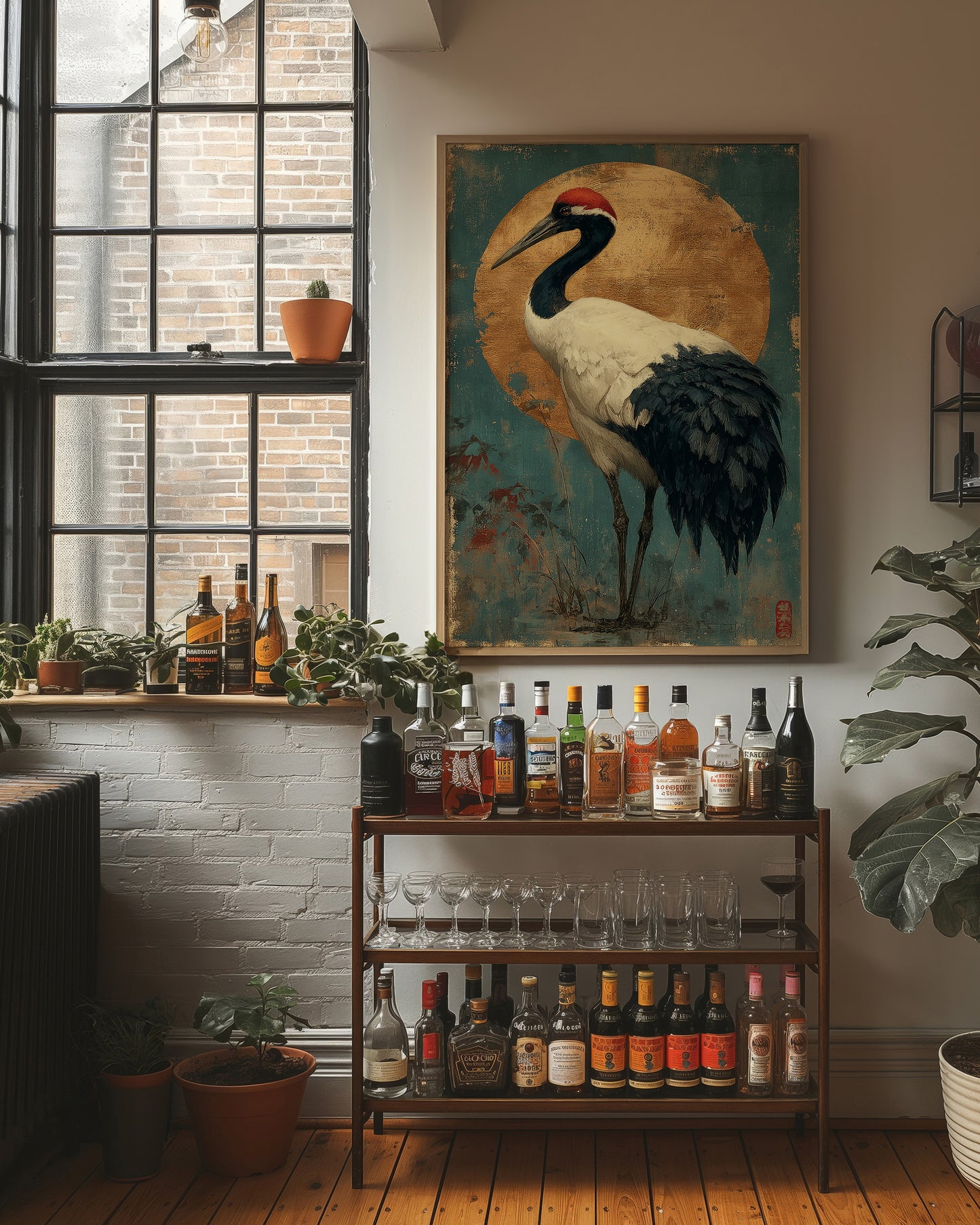 Noble Crane Against Golden Moon