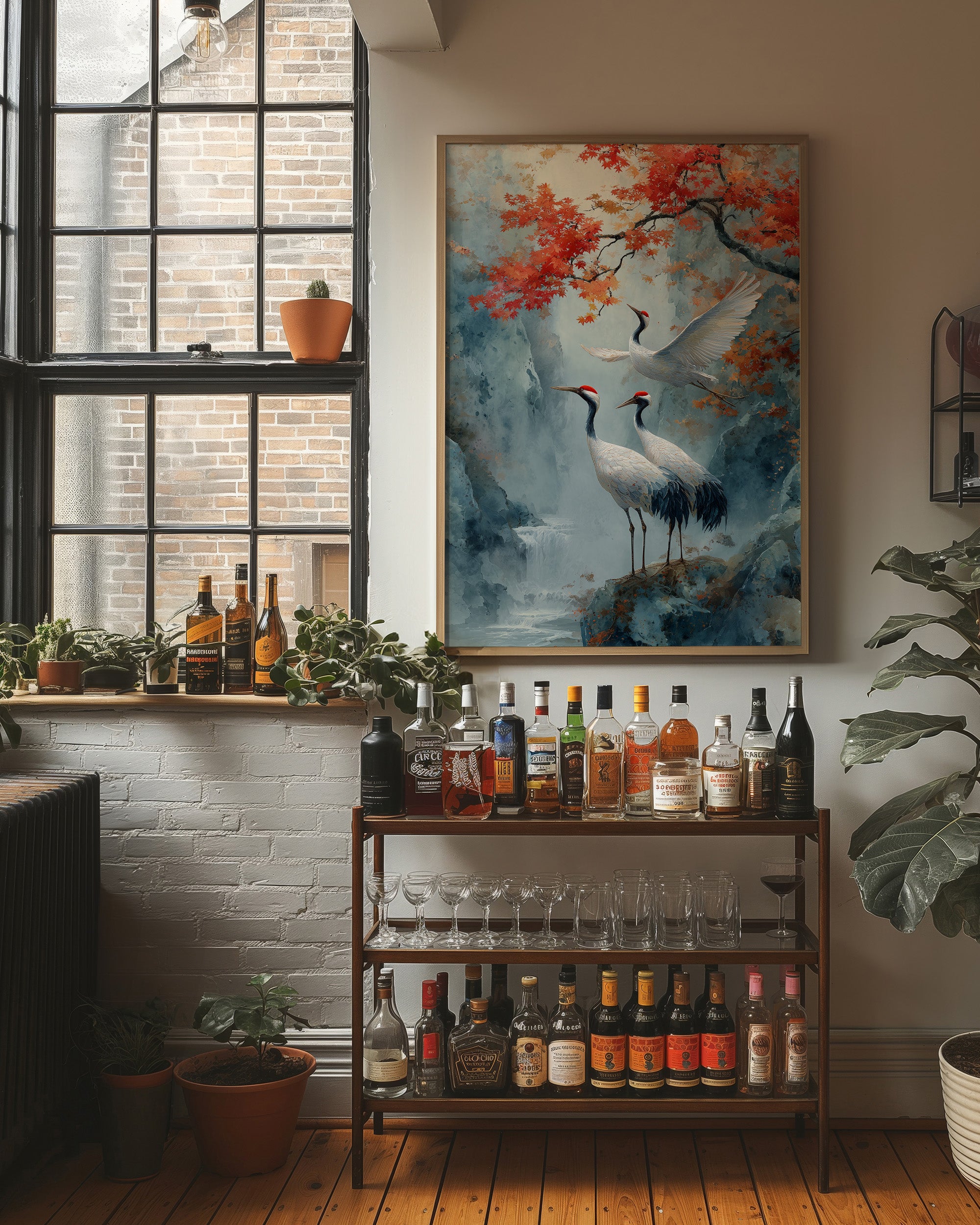 Cranes Dance Below Maple Fire