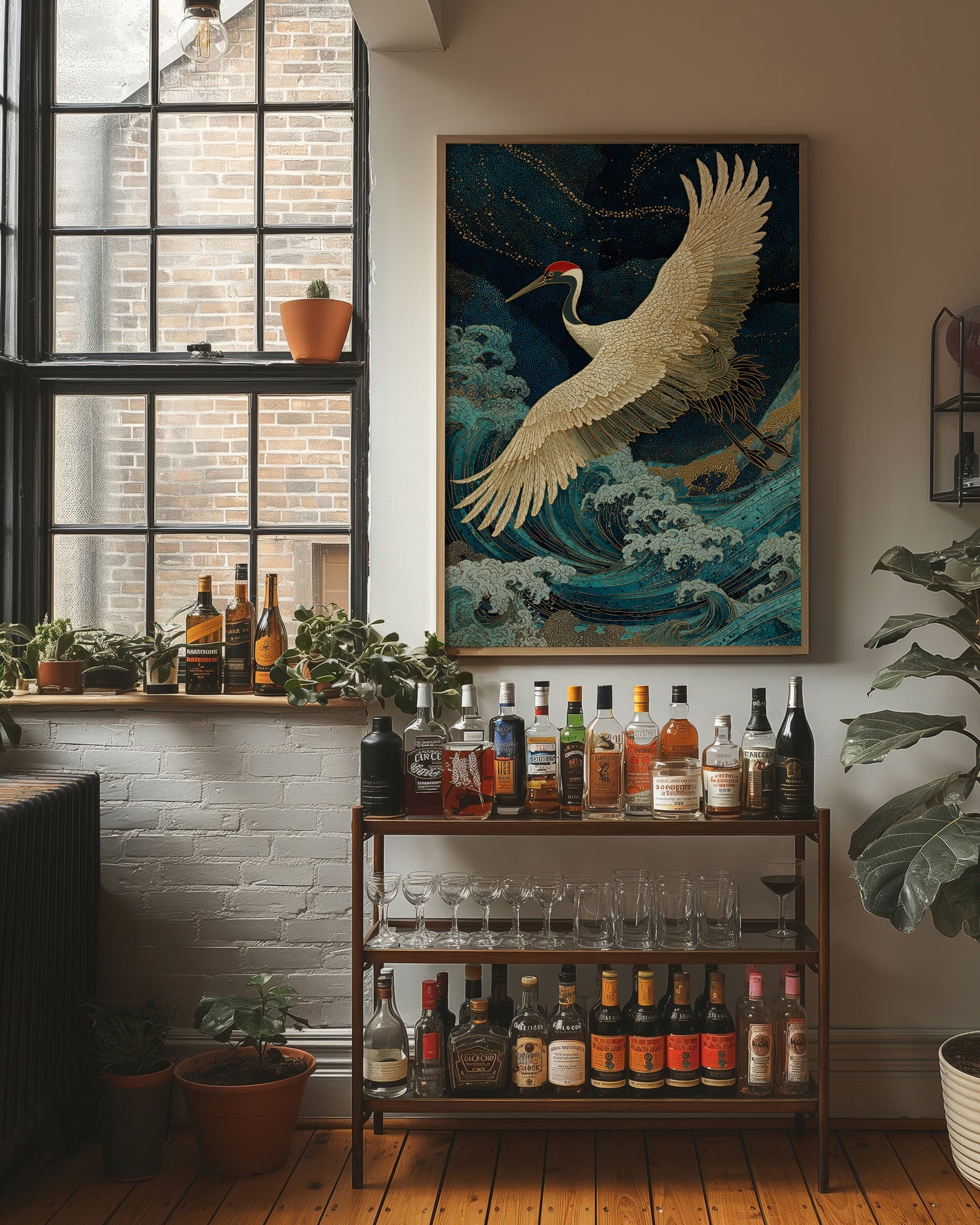 Crane Soars Through Starlit Waves