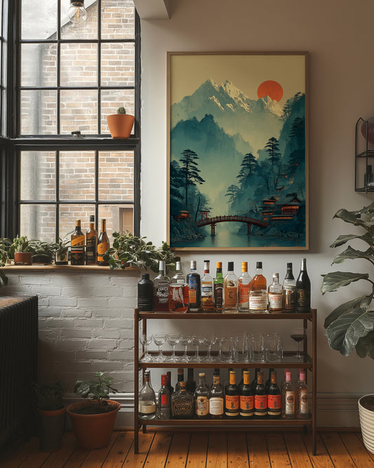 Sacred Bridge Beyond Misty Peaks