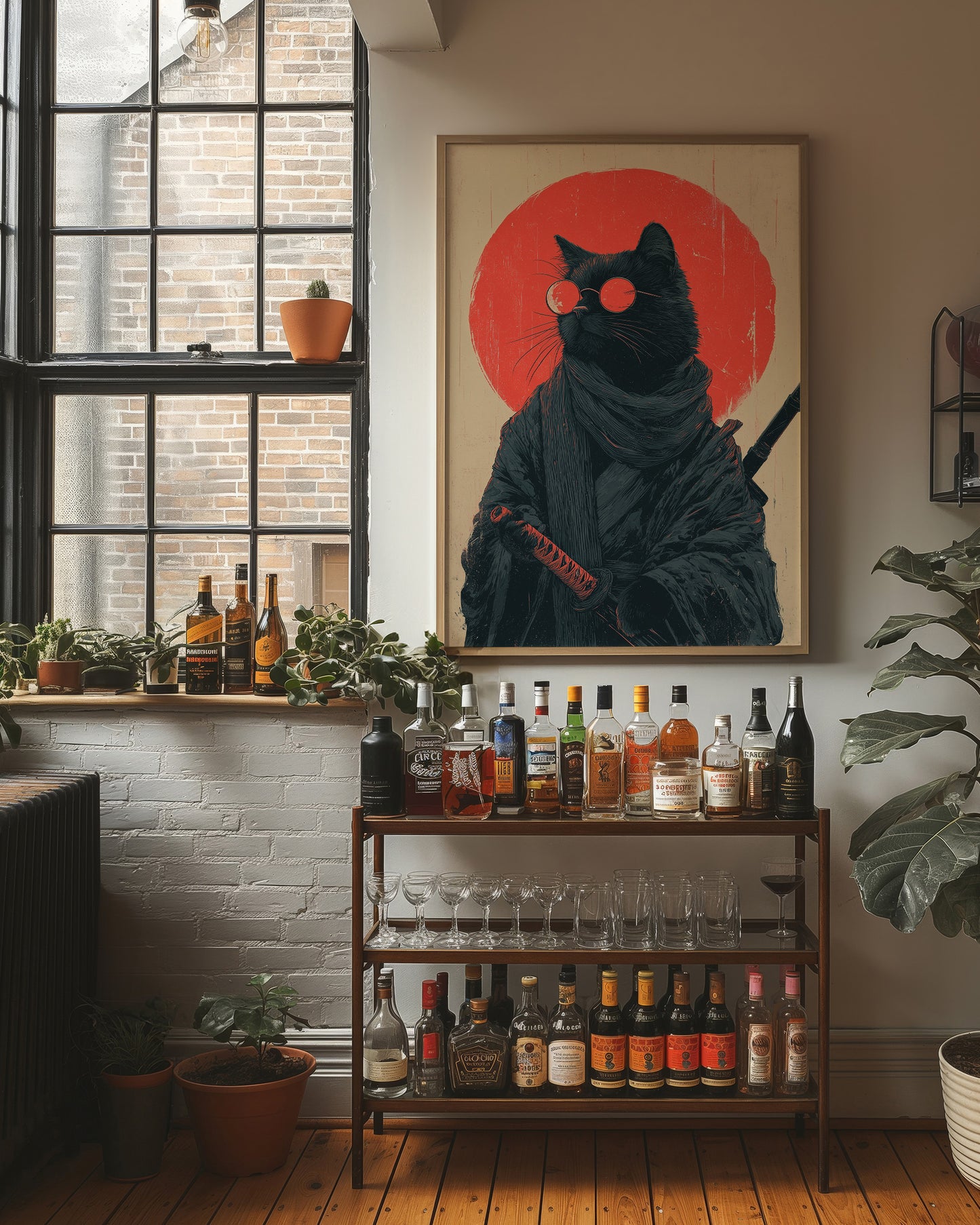 Samurai Cat Guards Red Moon Rising