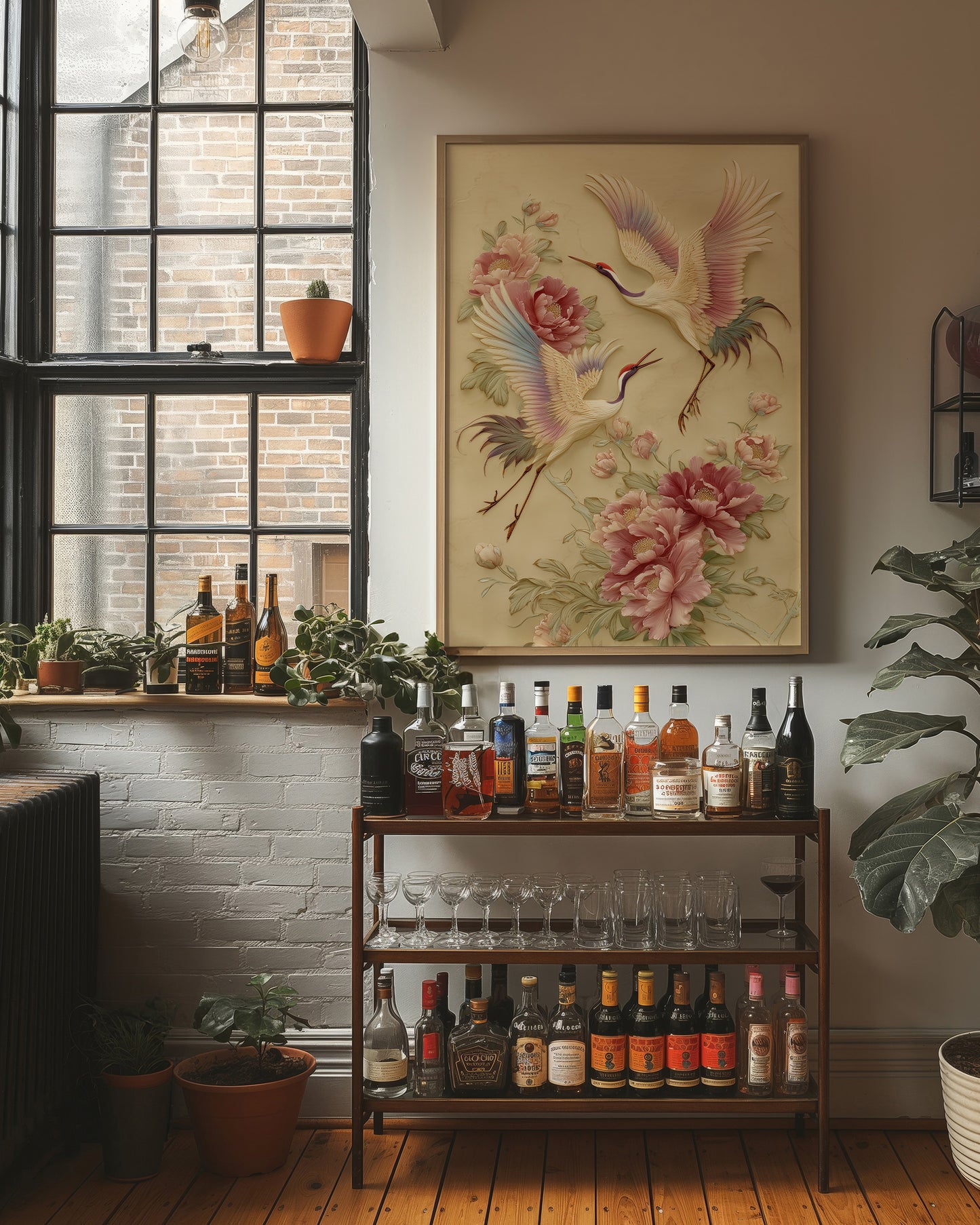 Graceful Cranes Among Peony Blooms