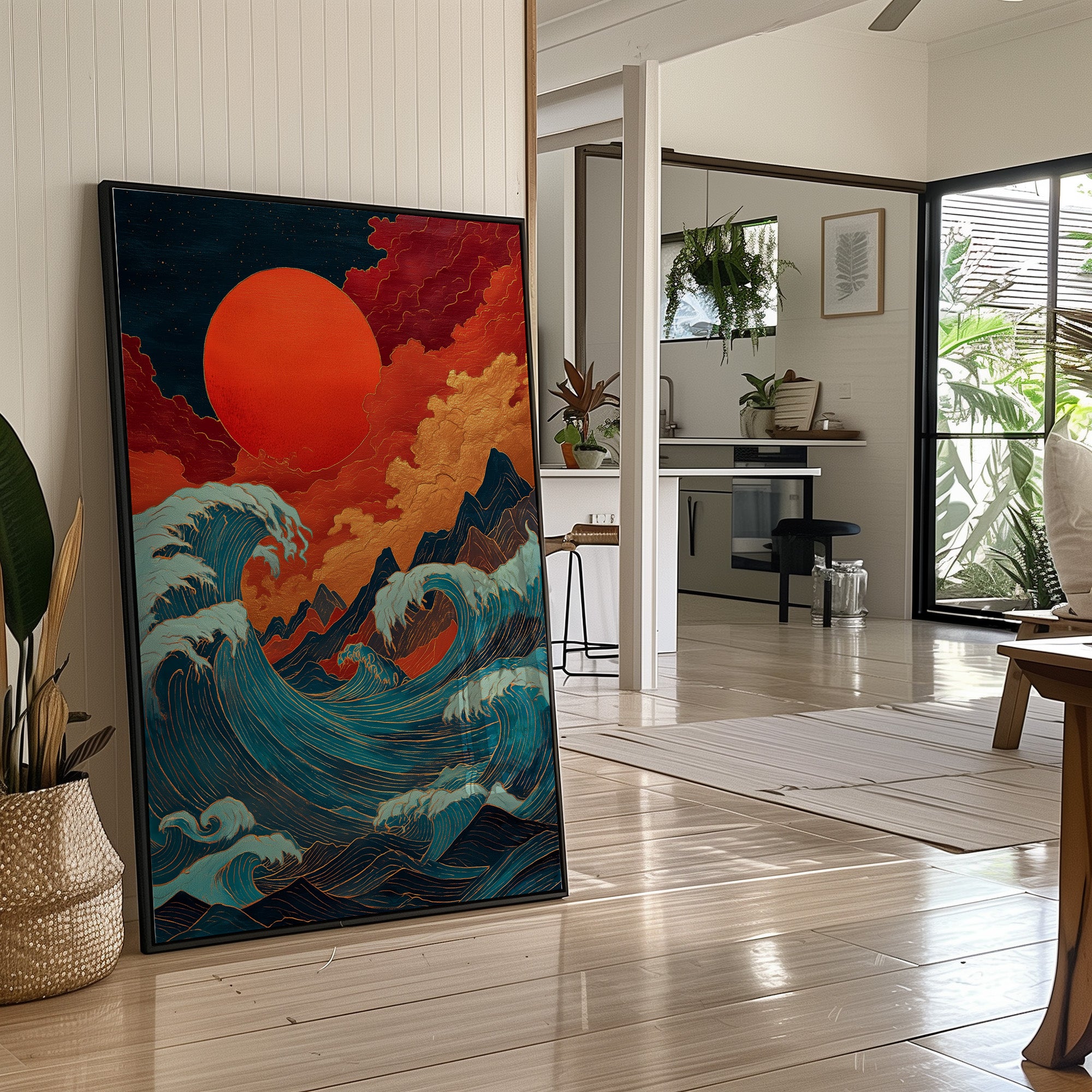 Ocean Flames Dance Under Crimson Moon