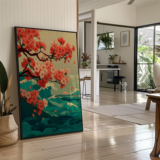 Cherry Blossoms Dance Above Emerald Seas