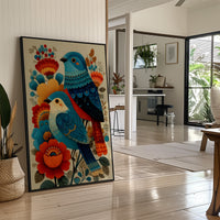 Blue Bird Sings Among Coral Blooms