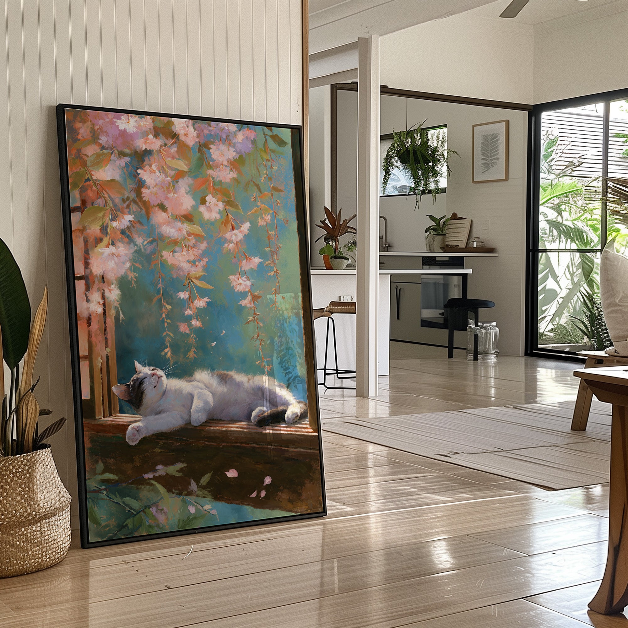 Cherry Blossoms Dance Above Sleeping Cat
