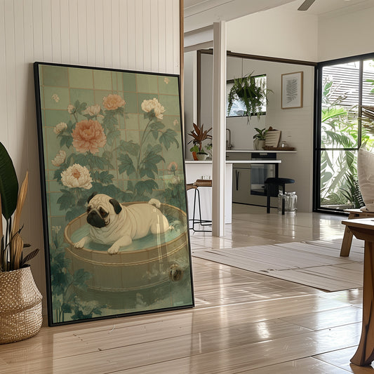 Pug's Peaceful Bath Among Peonies