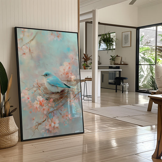 Blue Bird Rests Among Cherry Blossoms