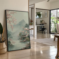 Cherry Blossoms Dance Above Misty Peaks