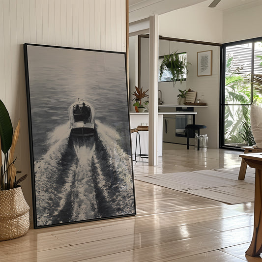 Speedboat Cuts Through Morning Fog