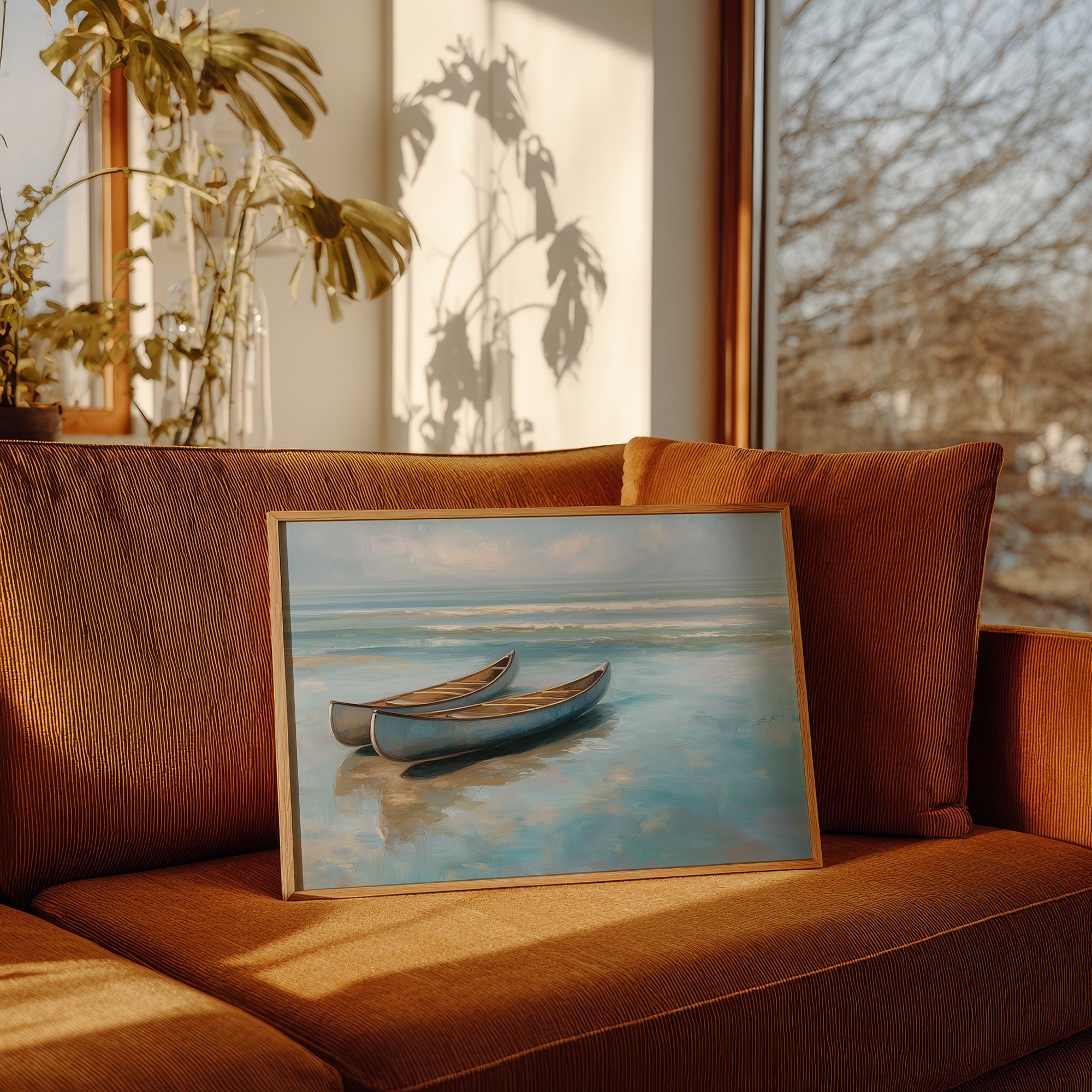Canoes Rest On Azure Shores