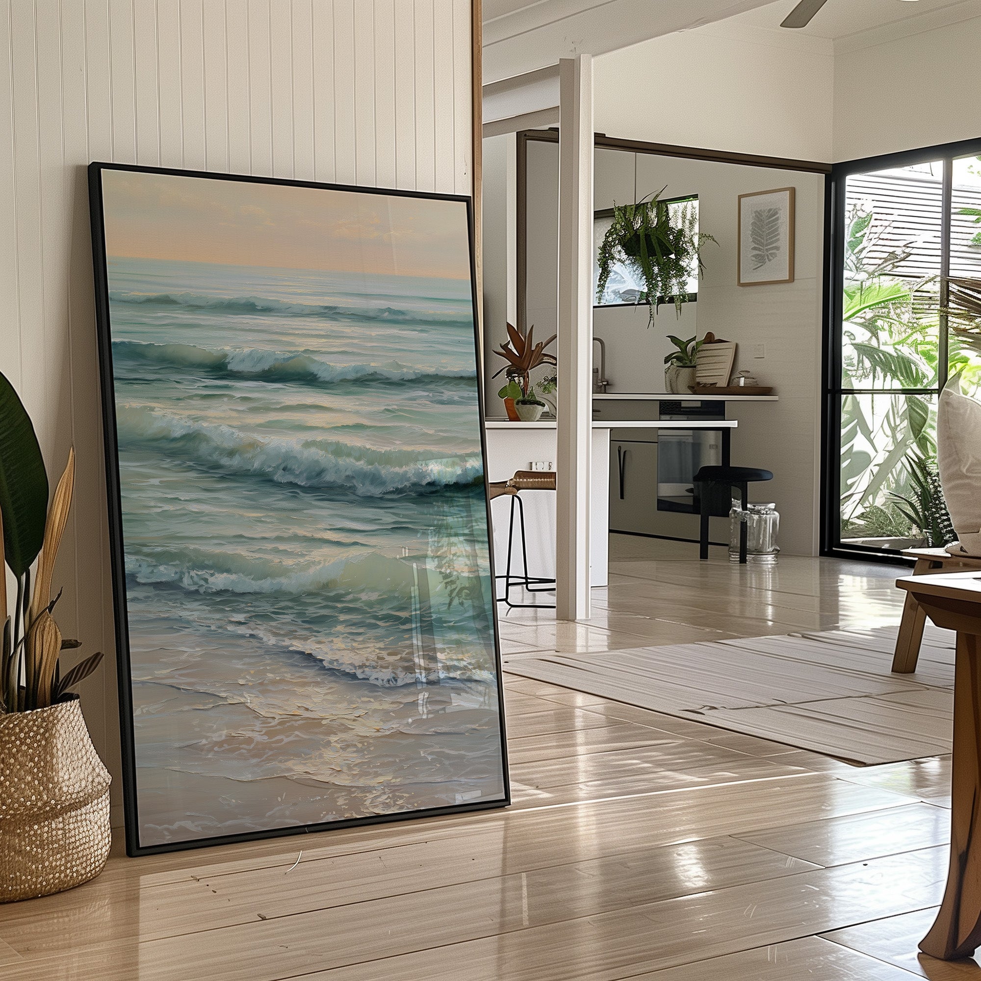 Seafoam Rhythms Against Wooden Frame