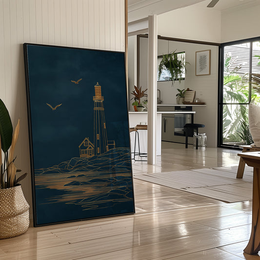 Golden Lighthouse On Midnight Seas