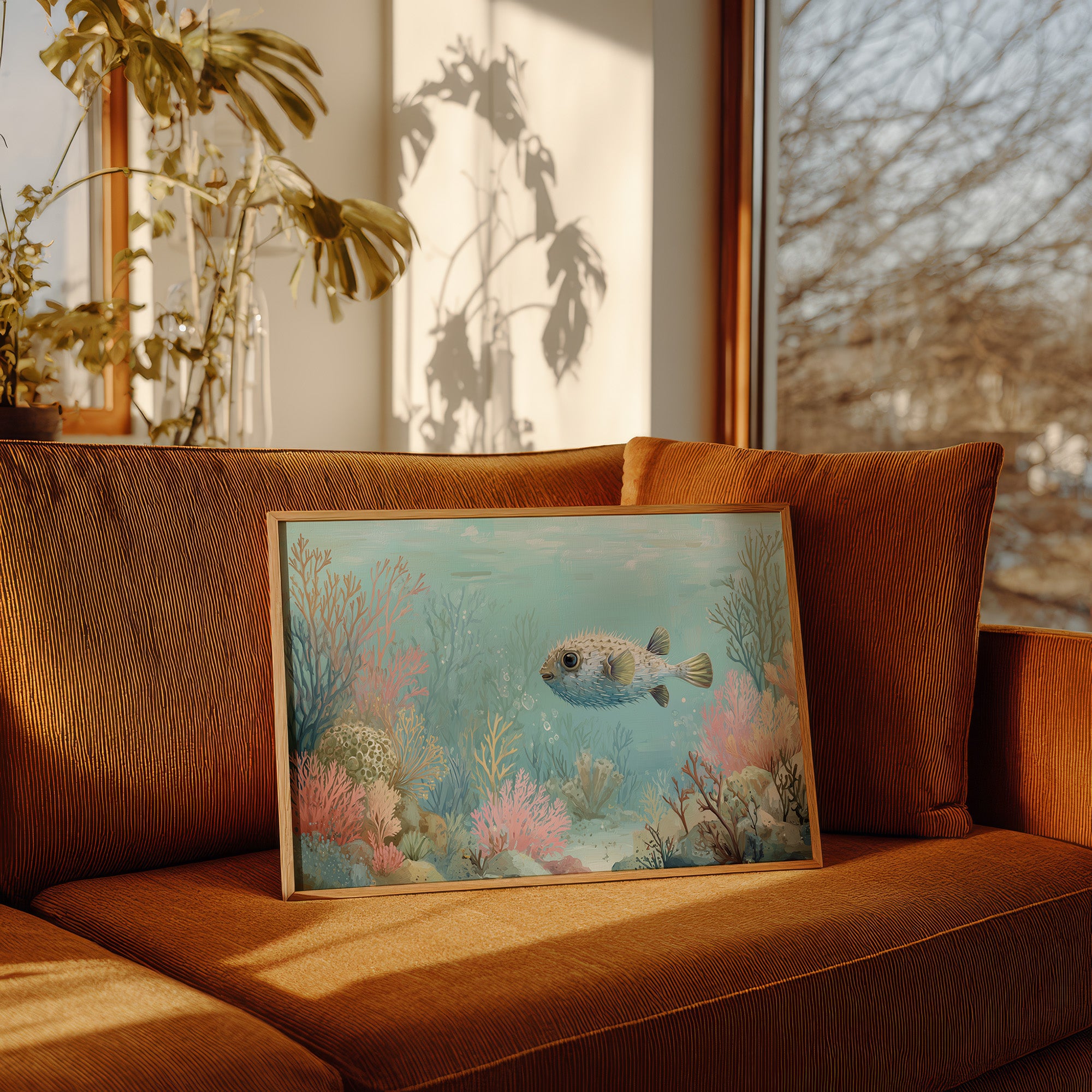 Pufferfish Drifts Through Coral Symphony