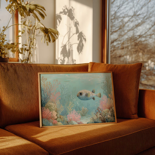 Pufferfish Drifts Through Coral Symphony