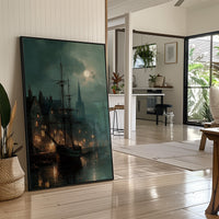 Harbor Lights Below Foggy Moon