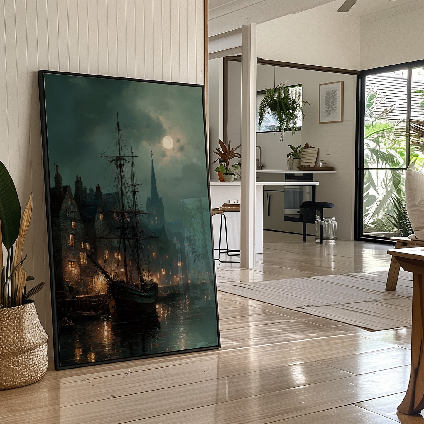 Harbor Lights Below Foggy Moon