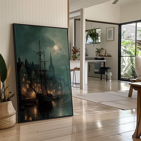 Harbor Lights Below Foggy Moon