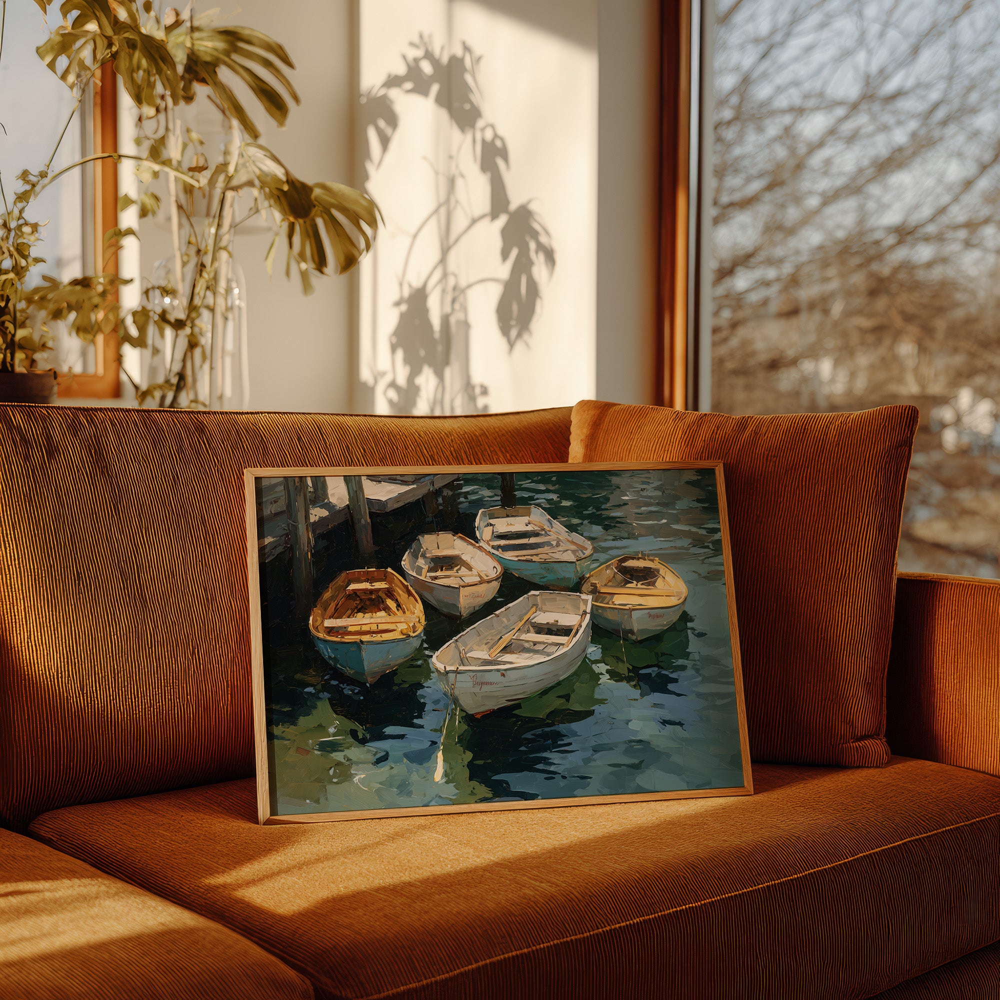 Boats Rest In Harbor Blue