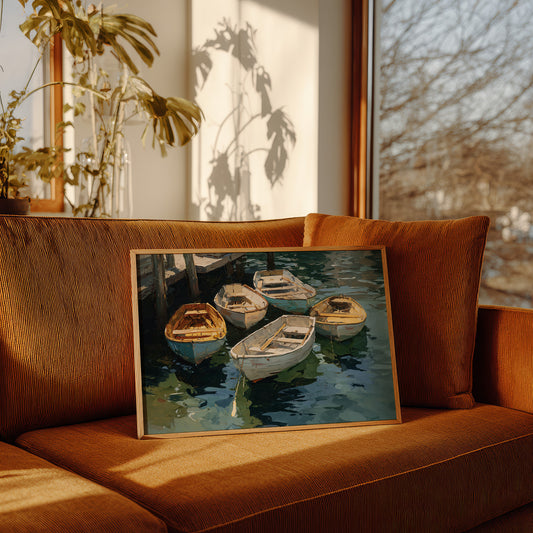 Boats Rest In Harbor Blue