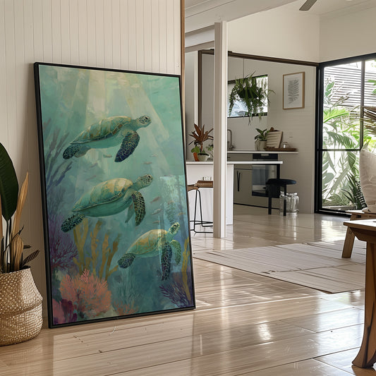 Sea Turtles Dance Through Aquamarine