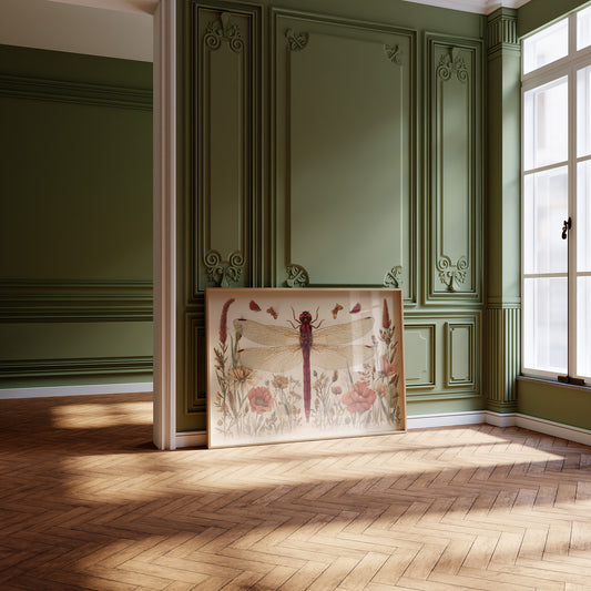 Crimson Messenger Through Wildflower Meadow