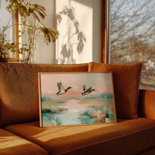Mallards Glide Through Pastel Wetlands
