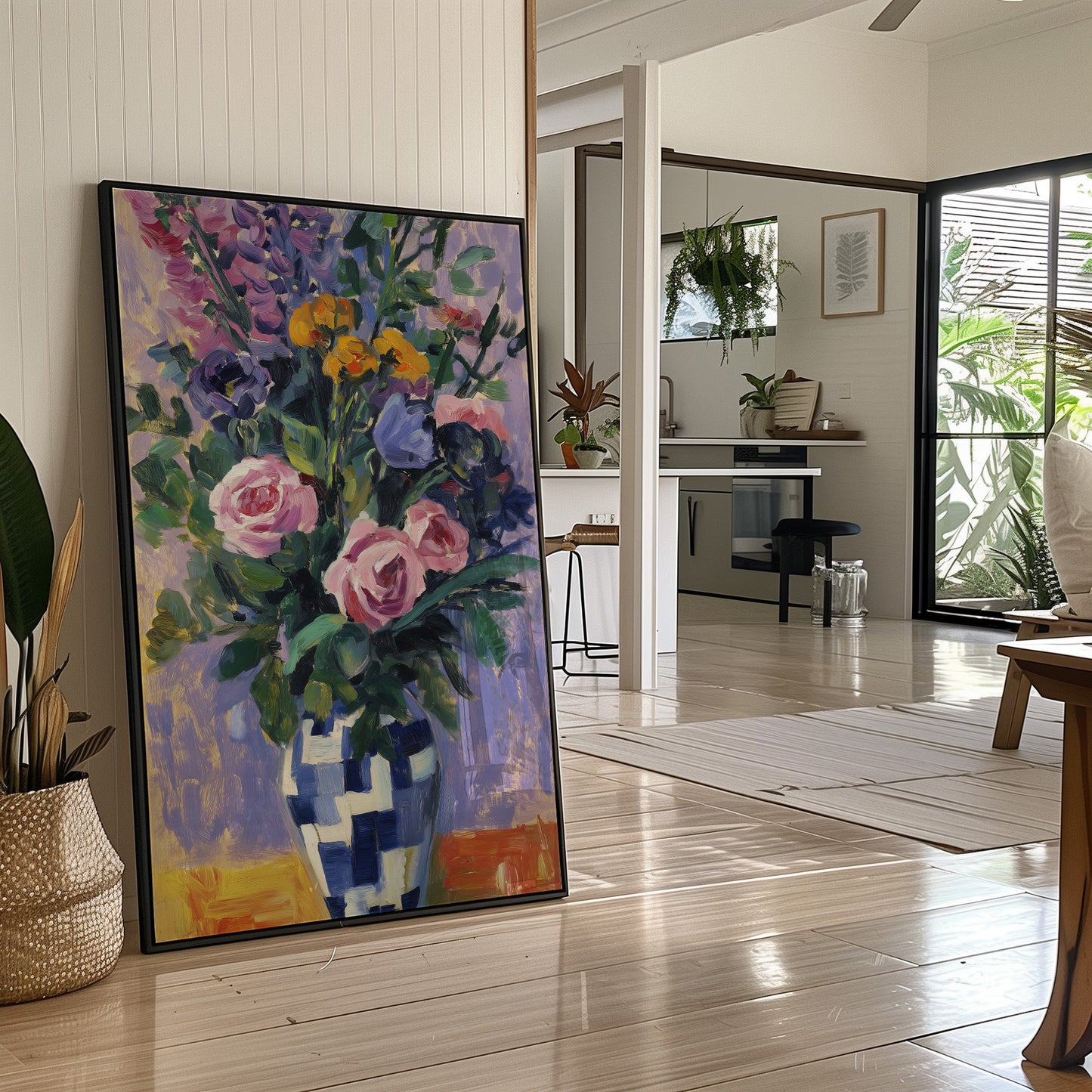 Vibrant Blooms in Checkered Blue