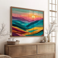 Textile Horizons: Sunset Through Stitched Valleys