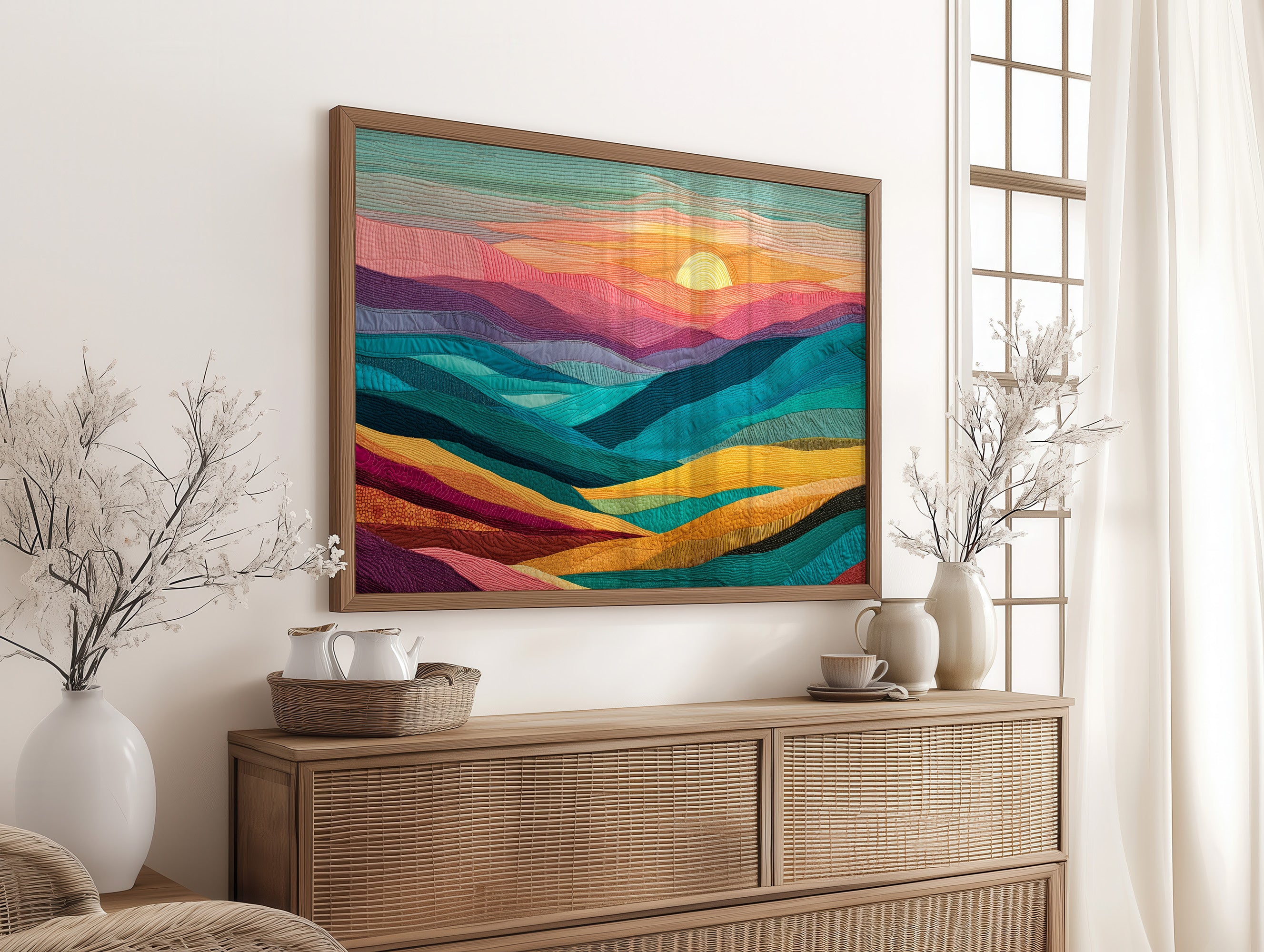 Textile Horizons: Sunset Through Stitched Valleys