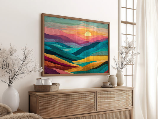 Textile Horizons: Sunset Through Stitched Valleys