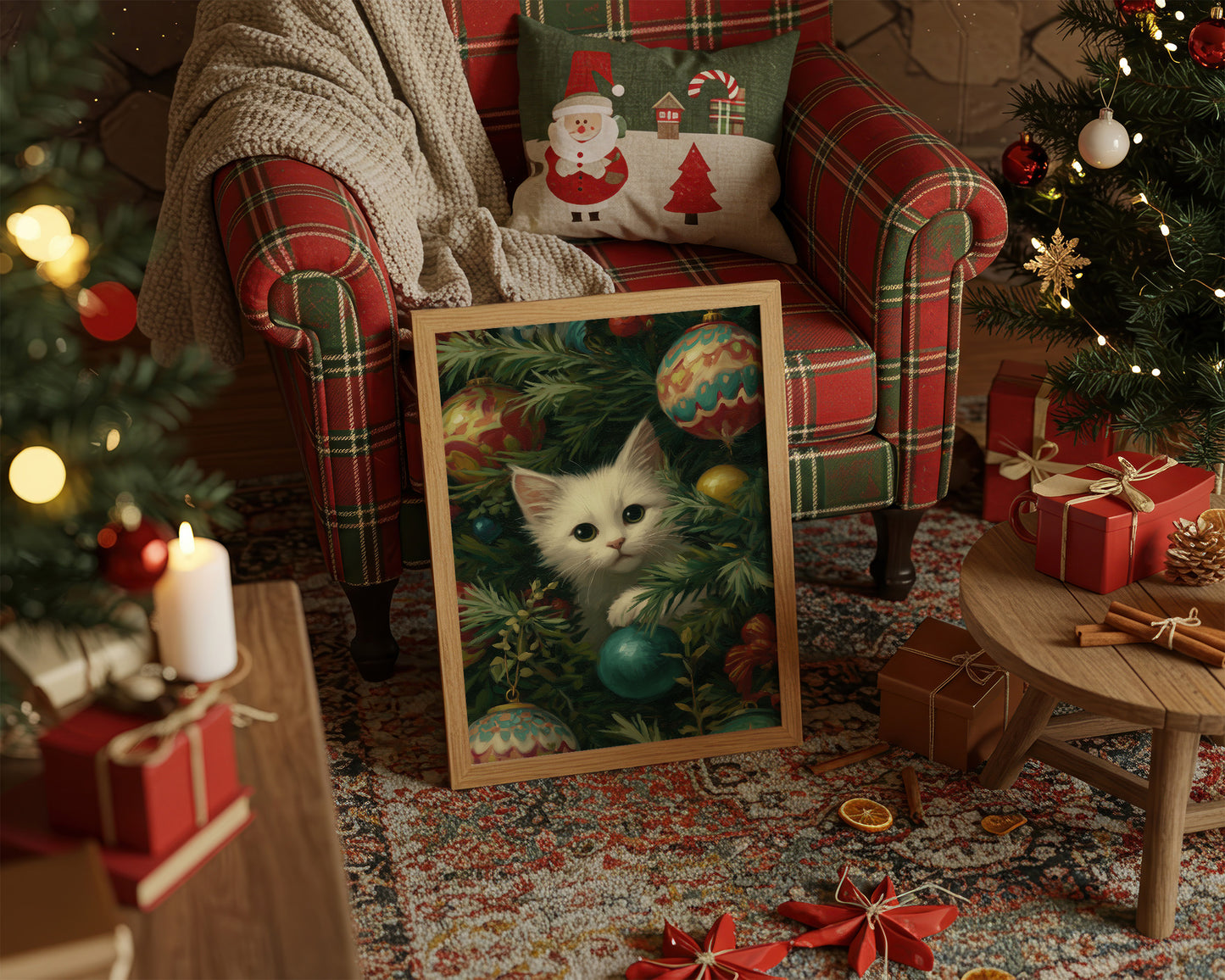 Curious Whiskers Among Festive Boughs