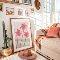 Pink Palms Over Mint Waves