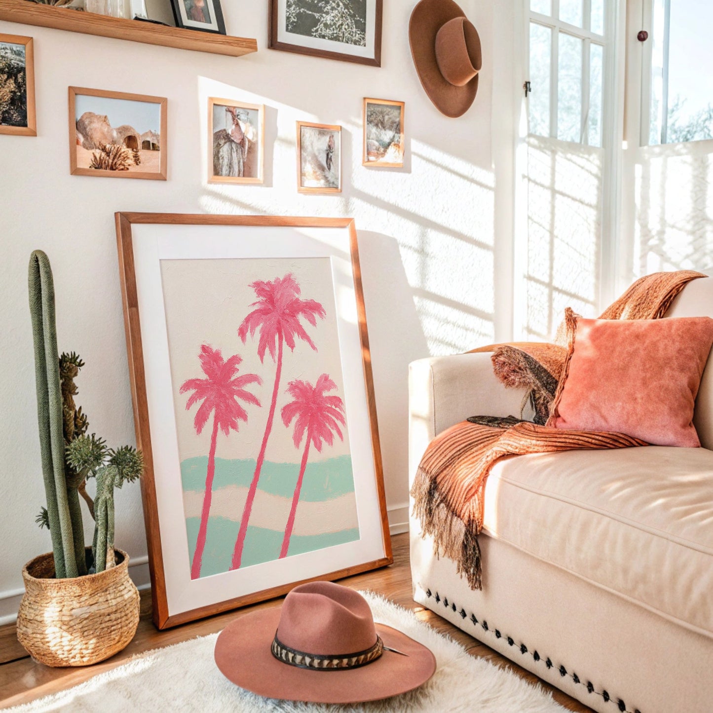 Pink Palms Over Mint Waves